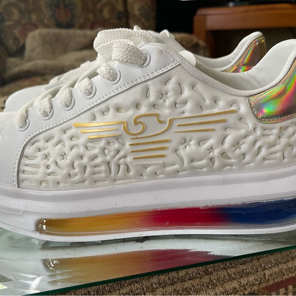 White Sneakers with Gold and Multicolor Accents